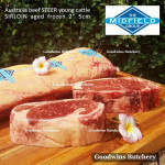 Beef Sirloin AGED BY GOODWINS Australia STEER young cattle (Striploin / New York Strip / Has Luar) frozen brand Harvey/Midfield STEAK 1cm 3/8" for schnitzel (price /600gr 4-5pcs)